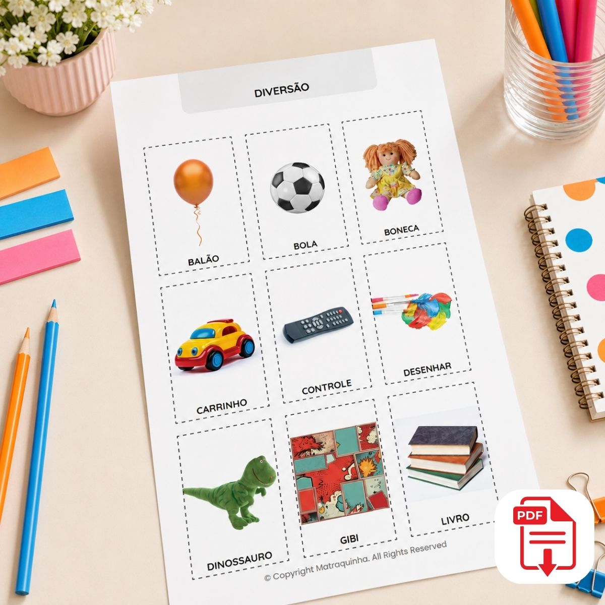 Página de exemplo do Diálogos Visuais Matraquinha mostrando grade de fotos reais por categoria